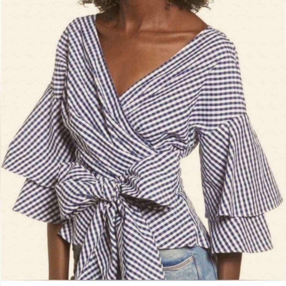Wayf Wrap Top Wrap Around Blue White Gingham Peplum Sleeve Ruffle Size M NWT